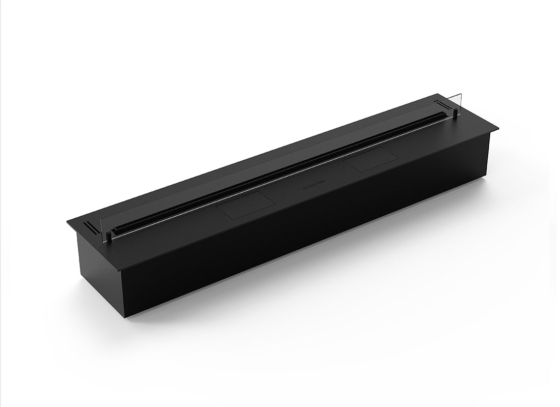 Automatic bioethanol fireplace DALEX 1300, sleek black design, equipped with electronic control and safety features.