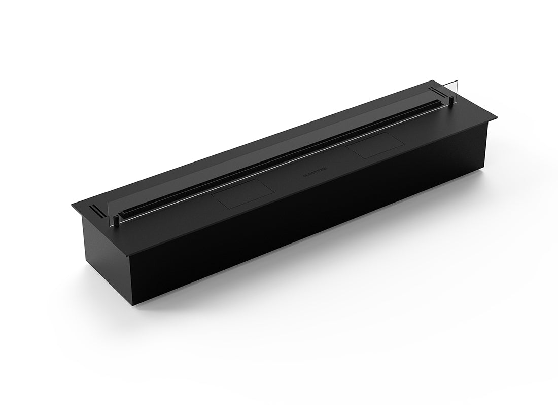 Automatic bioethanol fireplace DALEX 1200, sleek black design, 1200mm long, advanced safety features.