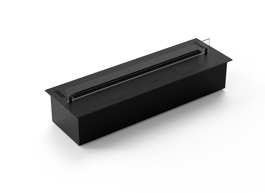 DALEX 900 automatic bioethanol fireplace insert, sleek black design with electronic control and safety features.