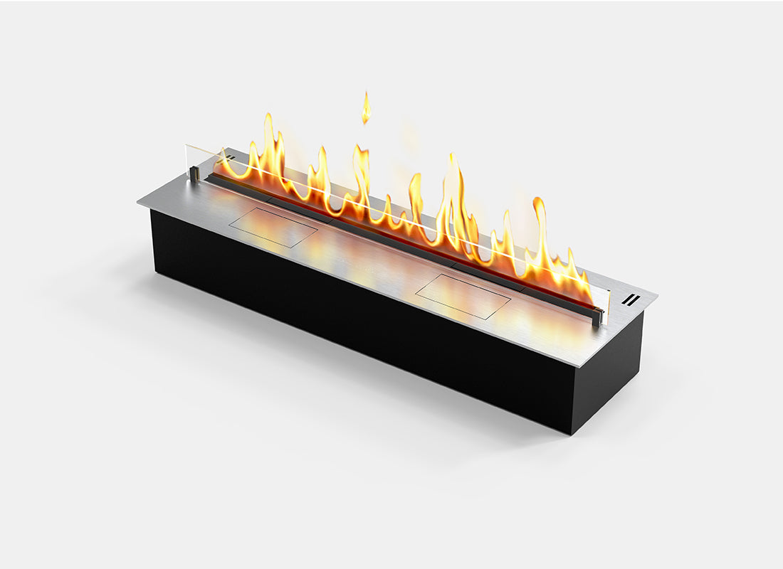 Automatic bioethanol fireplace DALEX 800 with vibrant flame, sleek steel design, and remote control features.