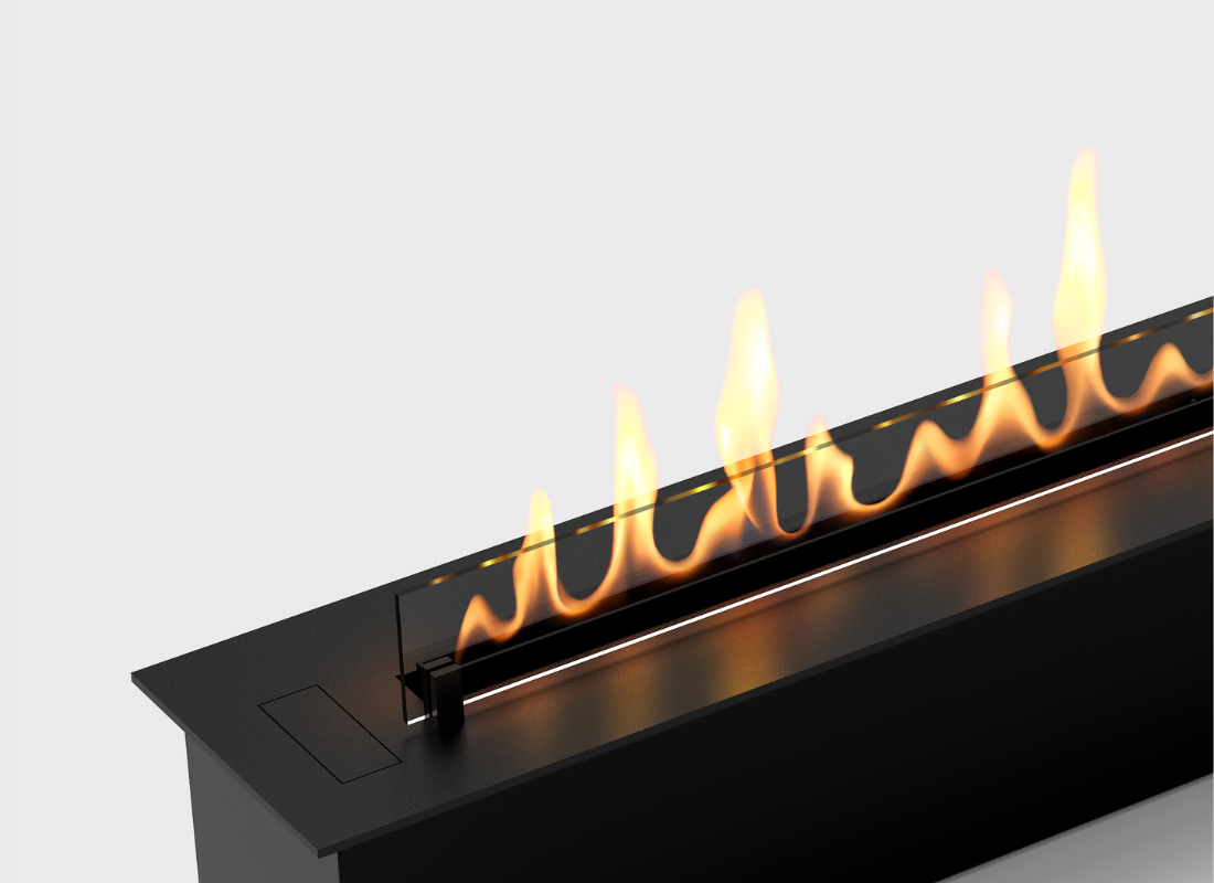 Automatic bioethanol fireplace DALEX 1100 Slim with visible flames, ideal for narrow spaces.