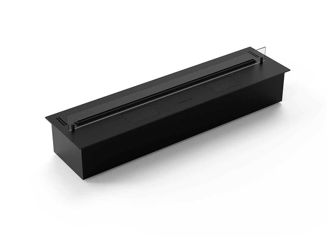 Automatic bioethanol fireplace DALEX 1100 sleek design with remote control and safety features, dimensions 1100mm x 205mm x 280mm.