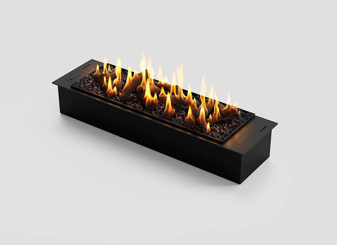 Automatic bioethanol fireplace DALEX 1000 Decor with flames and decorative stones in sleek black finish.