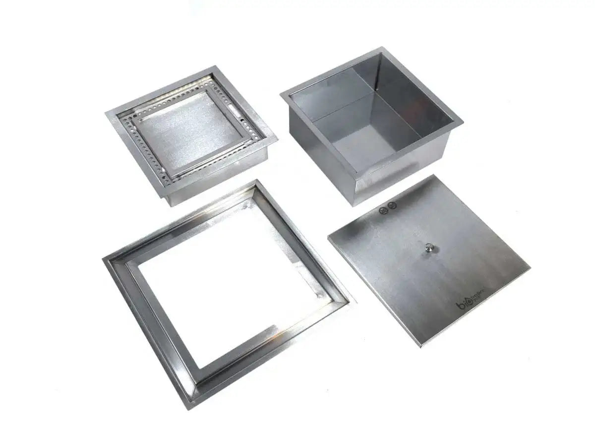 Outdoor square burner parts including stainless steel components for bioethanol use, showcasing durability and design.