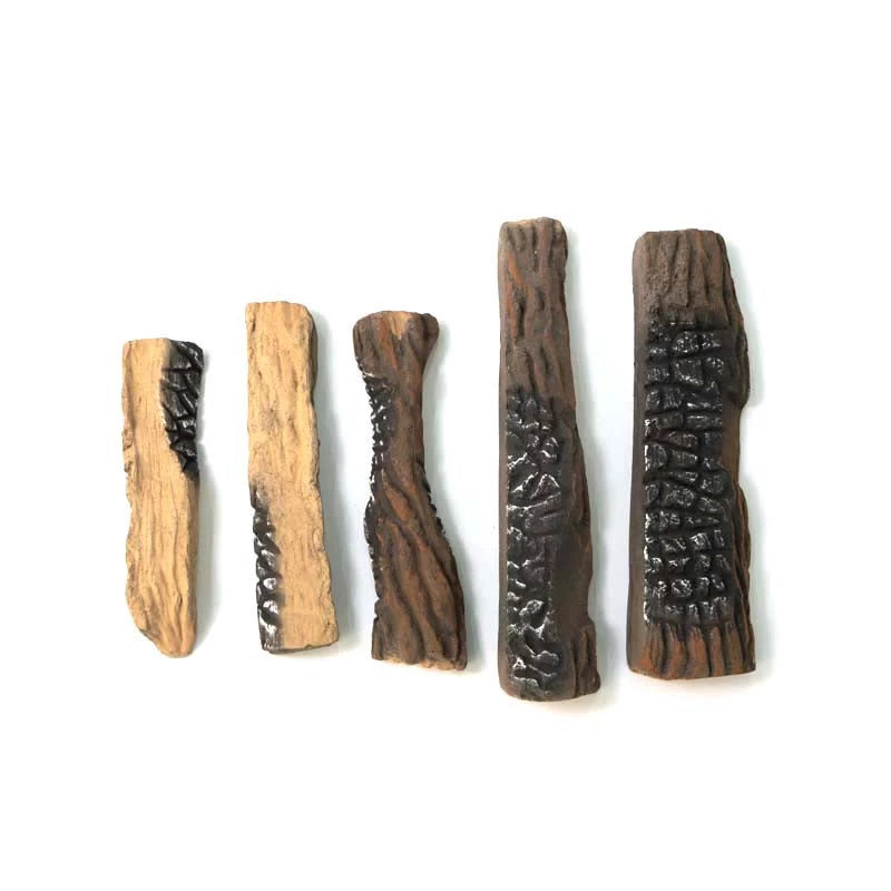 Five pieces of brown decorative ceramic wood for bio fireplace, showcasing various sizes and textures.