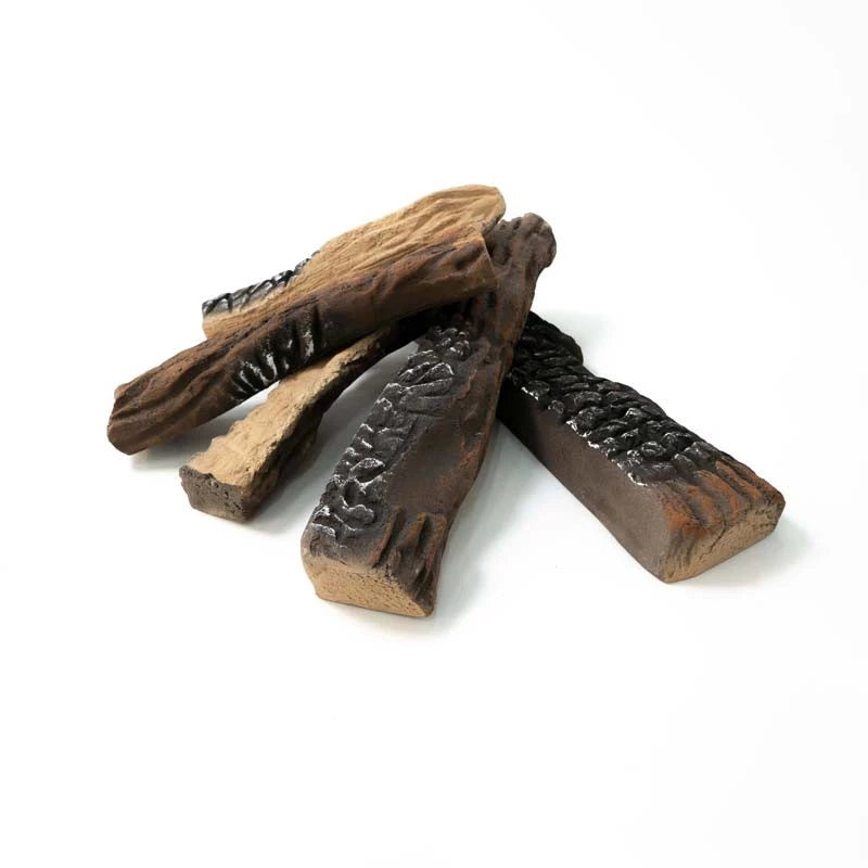 Decorative ceramic wood pieces for bio fireplace, brown and black, set of 5 for a realistic fire look.