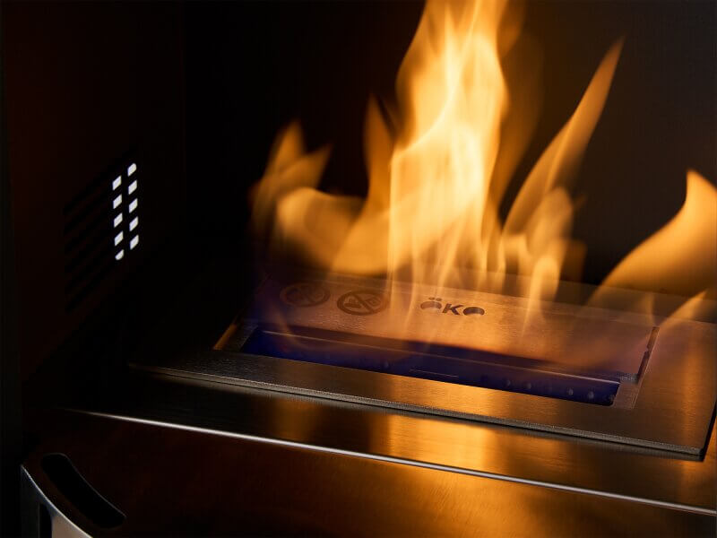 OKO S5 Bio ethanol Cylinder Stove with Tall Angled Metal Stove Pipe & Truncated Hearth