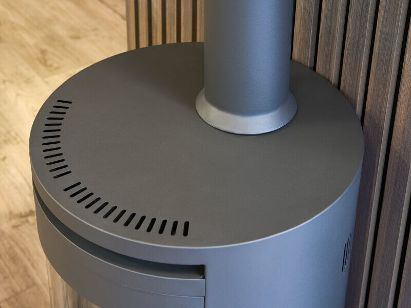 OKO S5 Bio ethanol Cylinder Stove with Tall Angled Metal Stove Pipe & Truncated Hearth