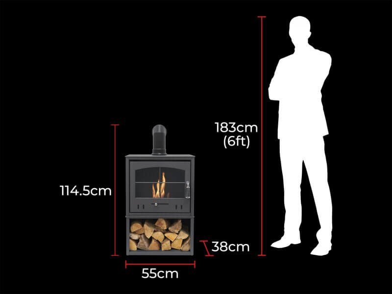 OKO S4 Bio Ethanol Stove with Log Storage in Charcoal Grey with Angled Stove Pipe