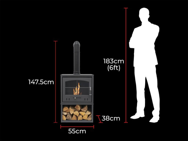 OKO S4 Bio Ethanol Stove with Log Storage in Charcoal Grey with Tall Angled Stove Pipe