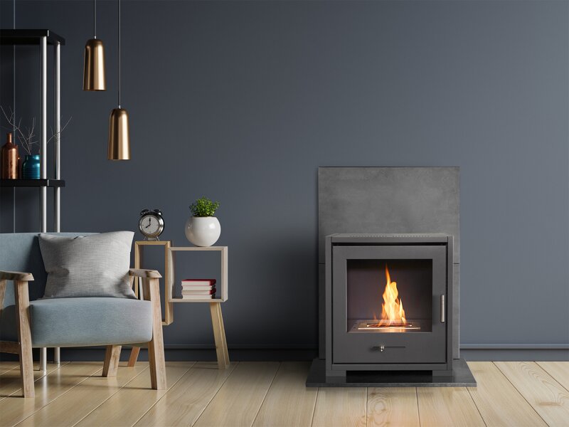 OKO S3 Bio Ethanol Stove in Charcoal Grey & Tall Angled Stove Pipe