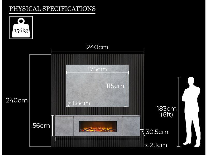 Acantha Orion XO Electric Floating Media Wall Suite in Concrete Effect with TV Board & Black Oak Wall Panels