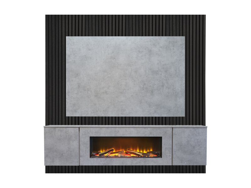 Acantha Orion XO Electric Floating Media Wall Suite in Concrete Effect with TV Board & Black Oak Wall Panels