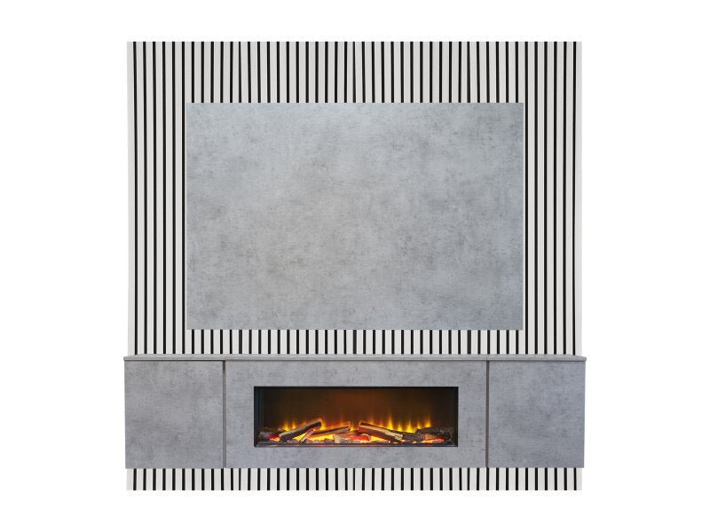 Acantha Orion XO Electric Floating Media Wall Suite in Concrete Effect with TV Board & White Oak Wall Panels