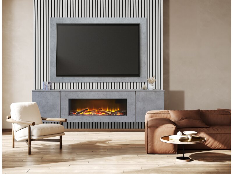 Acantha Orion XO Electric Floating Media Wall Suite in Concrete Effect with TV Board & White Oak Wall Panels