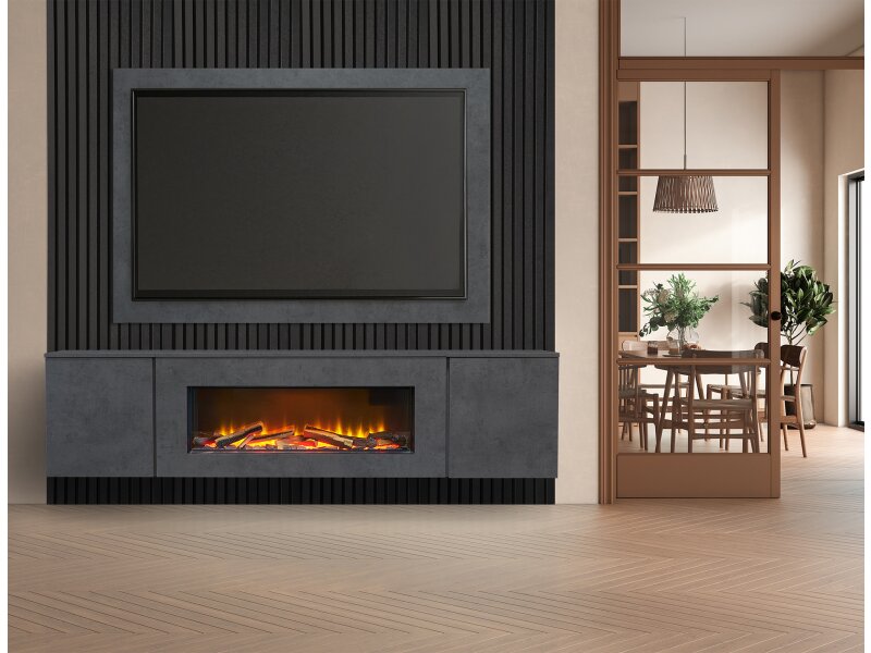 Acantha Orion XO Electric Floating Media Wall Suite in Slate Effect with TV Board & Black Oak Wall Panels