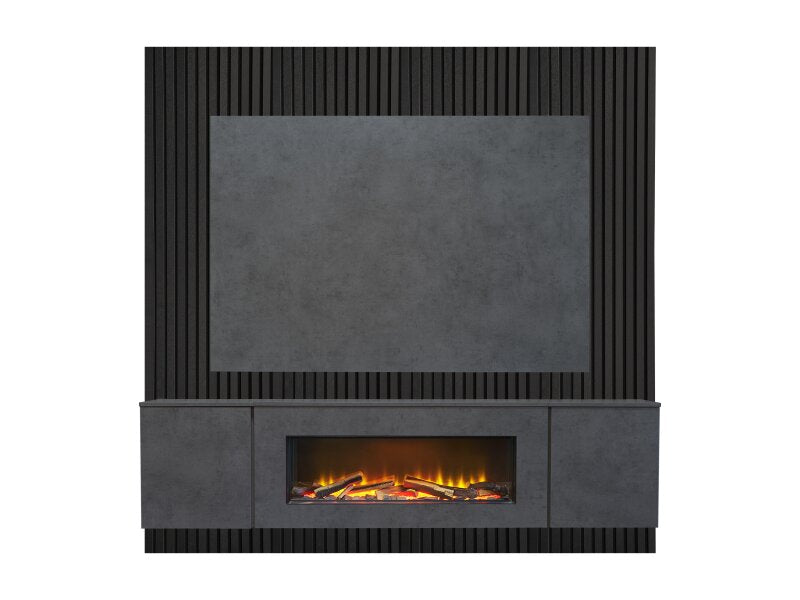 Acantha Orion XO Electric Floating Media Wall Suite in Slate Effect with TV Board & Black Oak Wall Panels