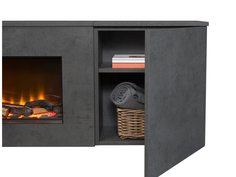 Acantha Orion XO Electric Floating Media Wall Suite in Slate Effect with TV Board & White Oak Wall Panels