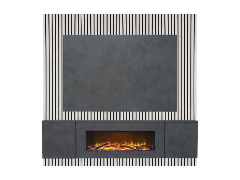 Acantha Orion XO Electric Floating Media Wall Suite in Slate Effect with TV Board & White Oak Wall Panels