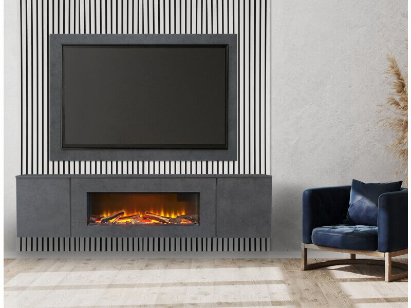 Acantha Orion XO Electric Floating Media Wall Suite in Slate Effect with TV Board & White Oak Wall Panels