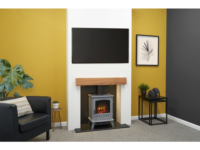 Acantha Pre-Built Stove Media Wall 1 with Aviemore Electric Stove in White