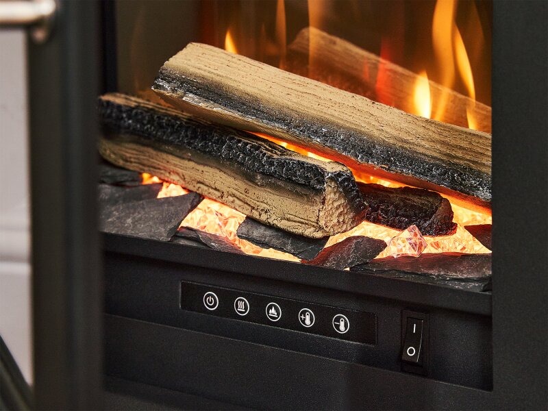 Acantha Pre-Built Stove Media Wall 1 with Austin Electric Stove in Black