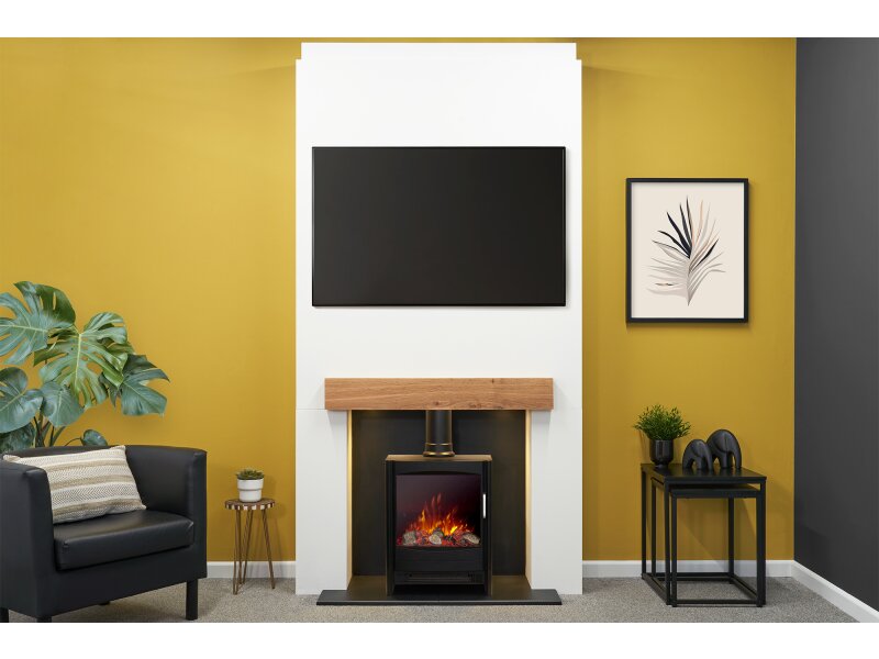Acantha Pre-Built Stove Media Wall 1 with Keston Electric Stove in Black
