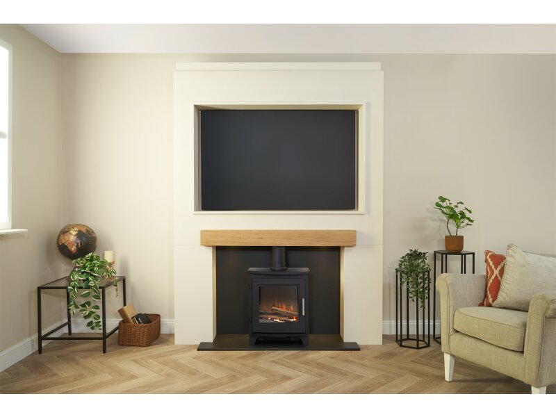 Acantha Pre-Built Stove Media Wall 2 with Austin Electric Stove in Black