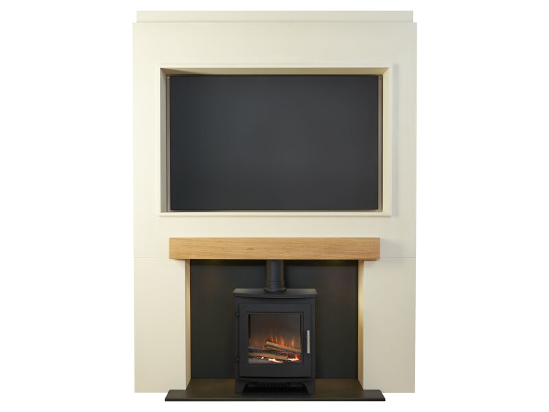 Acantha Pre-Built Stove Media Wall 2 with Austin Electric Stove in Black
