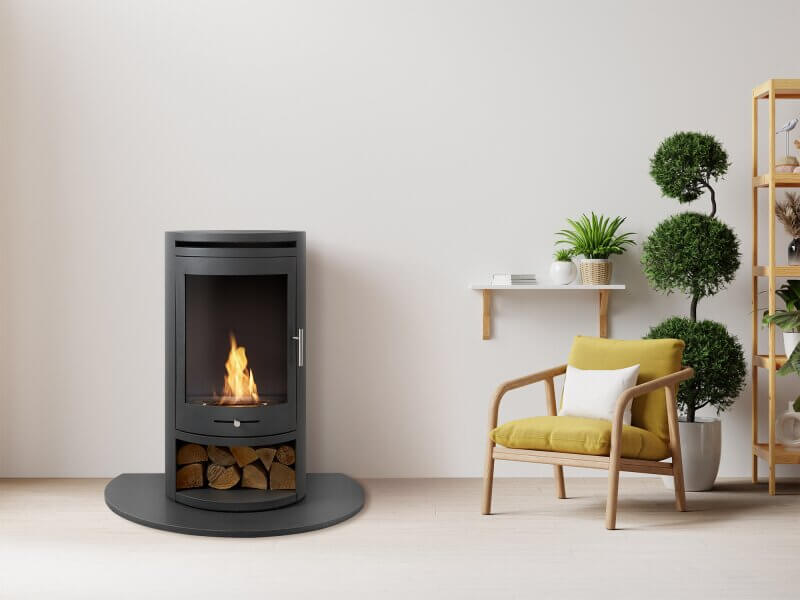 OKO S5 Bio Ethanol Cylinder Stove with Log Storage in Charcoal Grey