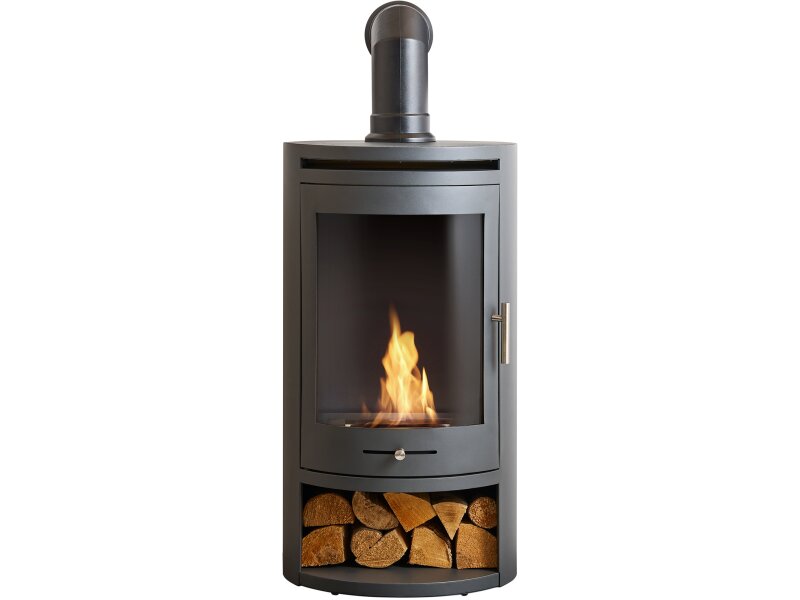 OKO S5 Bio Ethanol Cylinder Stove with Log Storage in Charcoal Grey & Angled Stove Pipe