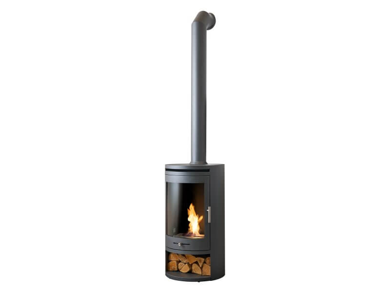 OKO S5 Bio Ethanol Cylinder Stove with Log Storage in Charcoal Grey & Tall Angled Metal Stove Pipe