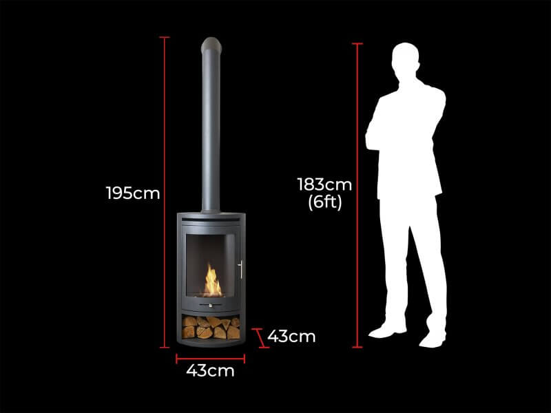 OKO S5 Bio Ethanol Cylinder Stove with Log Storage in Charcoal Grey & Tall Angled Metal Stove Pipe