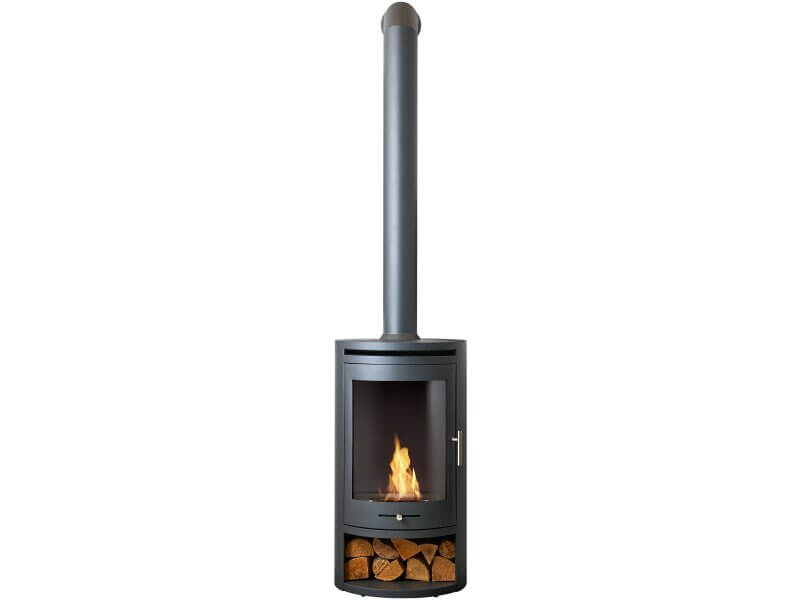 OKO S5 Bio Ethanol Cylinder Stove with Log Storage in Charcoal Grey & Tall Angled Metal Stove Pipe