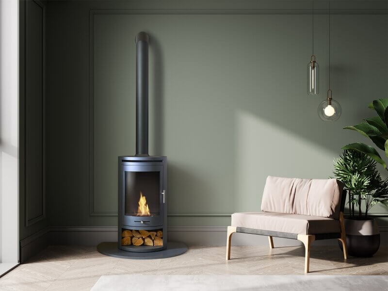 OKO S5 Bio Ethanol Cylinder Stove with Log Storage in Charcoal Grey & Tall Angled Metal Stove Pipe