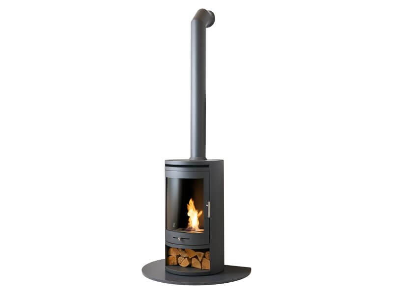 OKO S5 Bio ethanol Cylinder Stove with Tall Angled Metal Stove Pipe & Truncated Hearth
