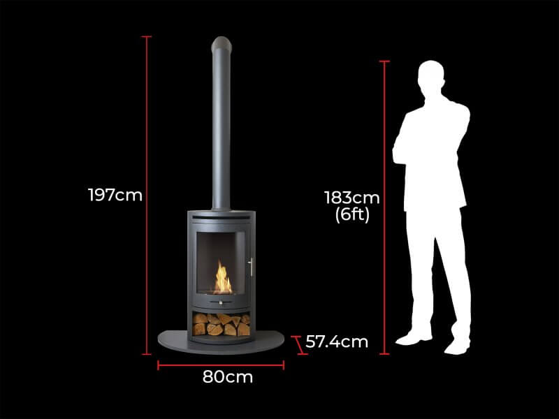 OKO S5 Bio ethanol Cylinder Stove with Tall Angled Metal Stove Pipe & Truncated Hearth