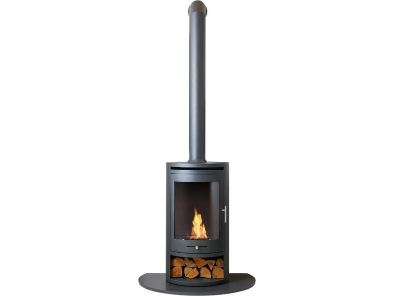 OKO S5 Bio ethanol Cylinder Stove with Tall Angled Metal Stove Pipe & Truncated Hearth