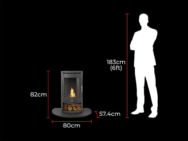 OKO S5 Bio ethanol Cylinder Stove with Log Storage & Truncated Hearth in Honed Black Granite