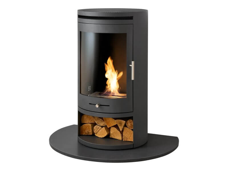 OKO S5 Bio ethanol Cylinder Stove with Log Storage & Truncated Hearth in Honed Black Granite