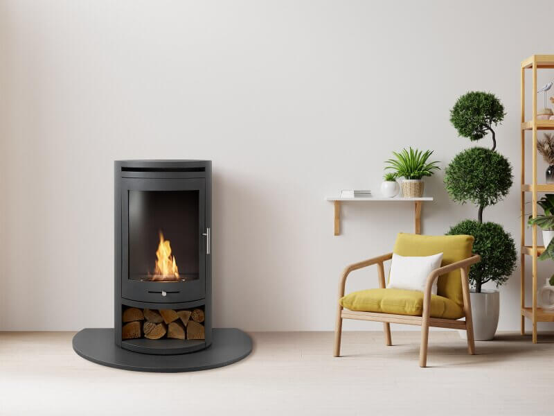 OKO S5 Bio ethanol Cylinder Stove with Log Storage & Truncated Hearth in Honed Black Granite