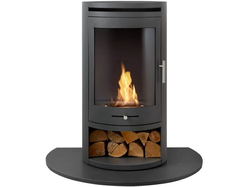OKO S5 Bio ethanol Cylinder Stove with Log Storage & Truncated Hearth in Honed Black Granite