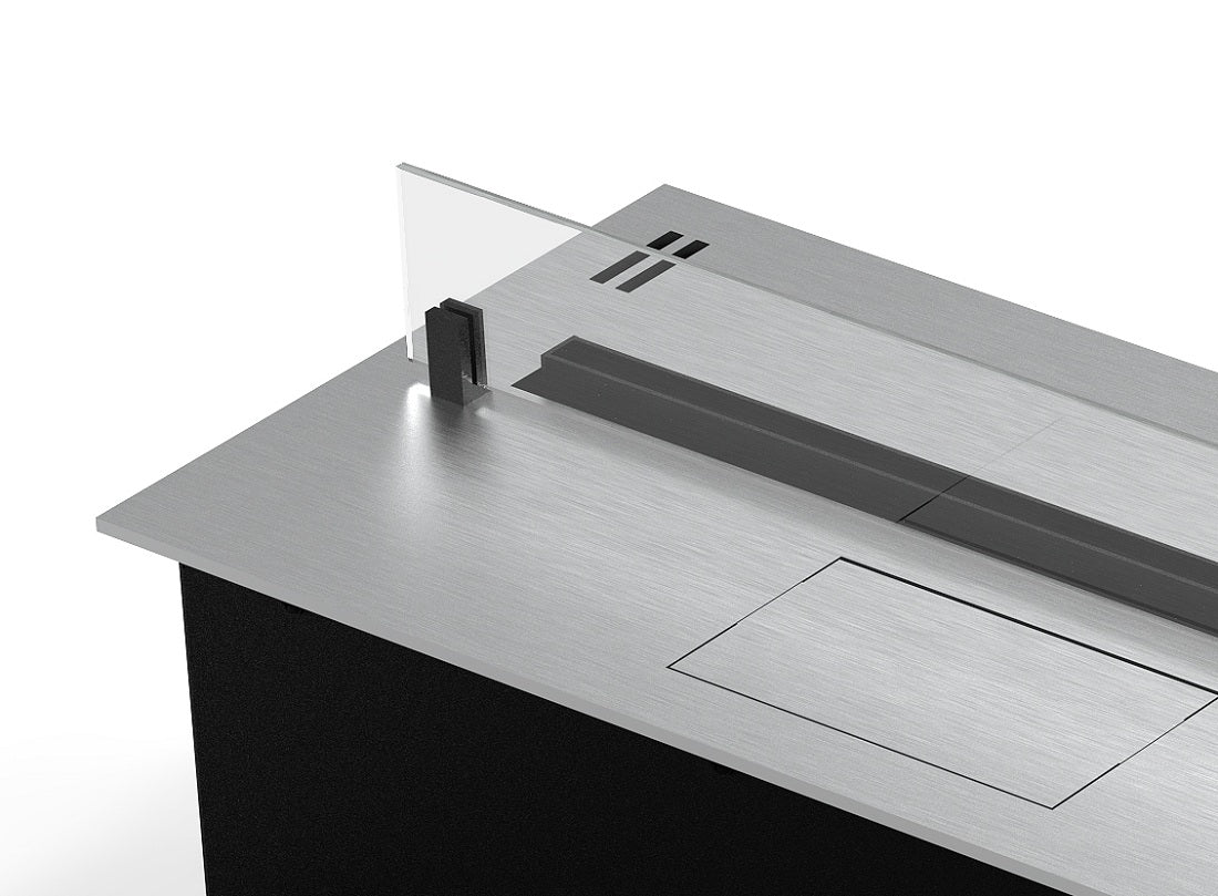 Top view of the DALEX 800 automatic bioethanol fireplace with sleek steel design and safety glass.