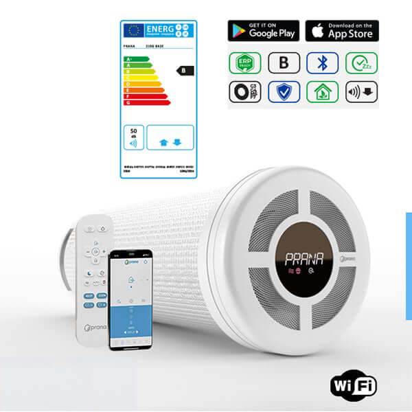 Recuperator PRANA 210G STANDARD heat recovery ventilation system with remote control and app for energy-efficient homes.