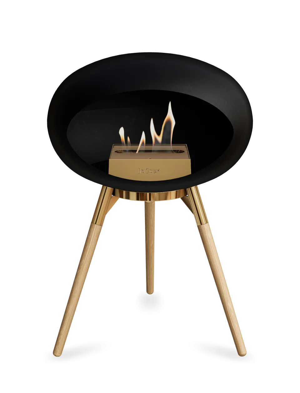 Sleek black freestanding bioethanol fireplace with a modern design and golden accents, perfect for contemporary spaces.
