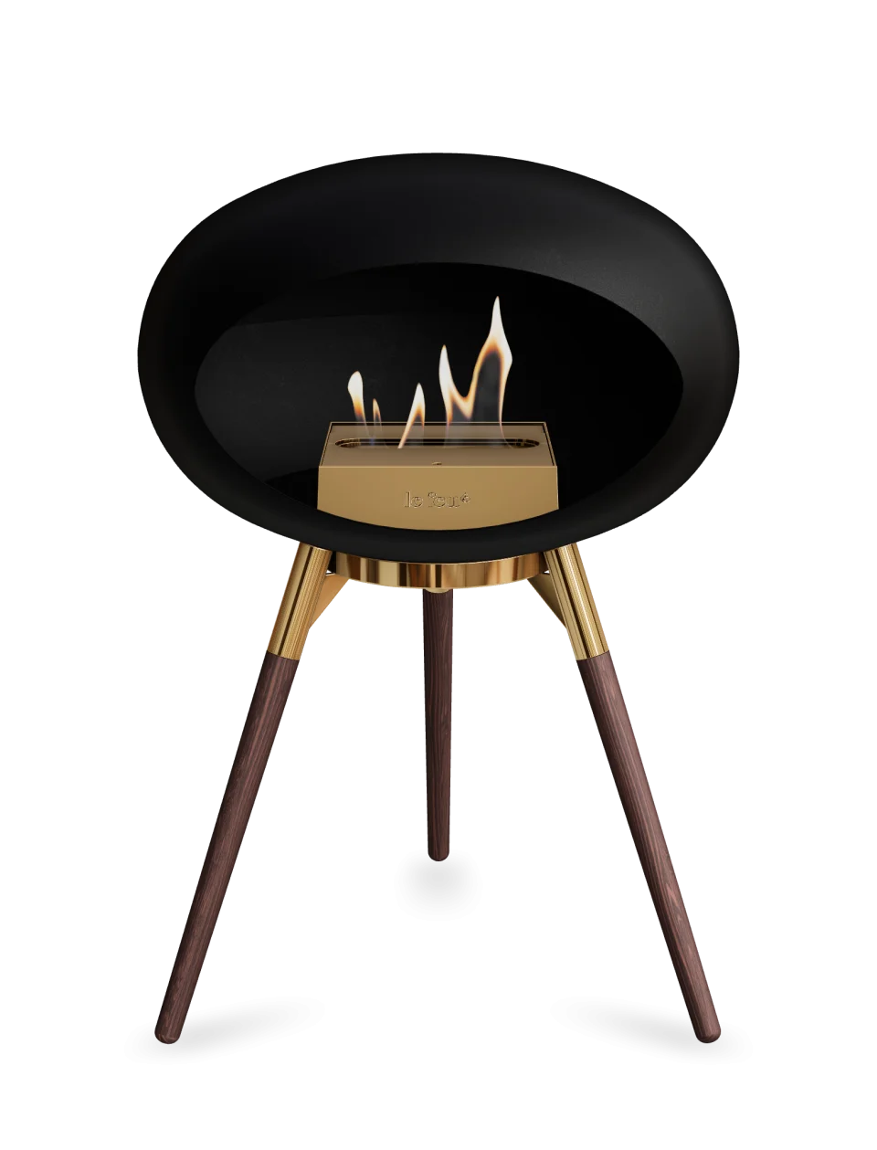 Freestanding black bioethanol fireplace with gold accents and wooden legs, designed for portable warmth.