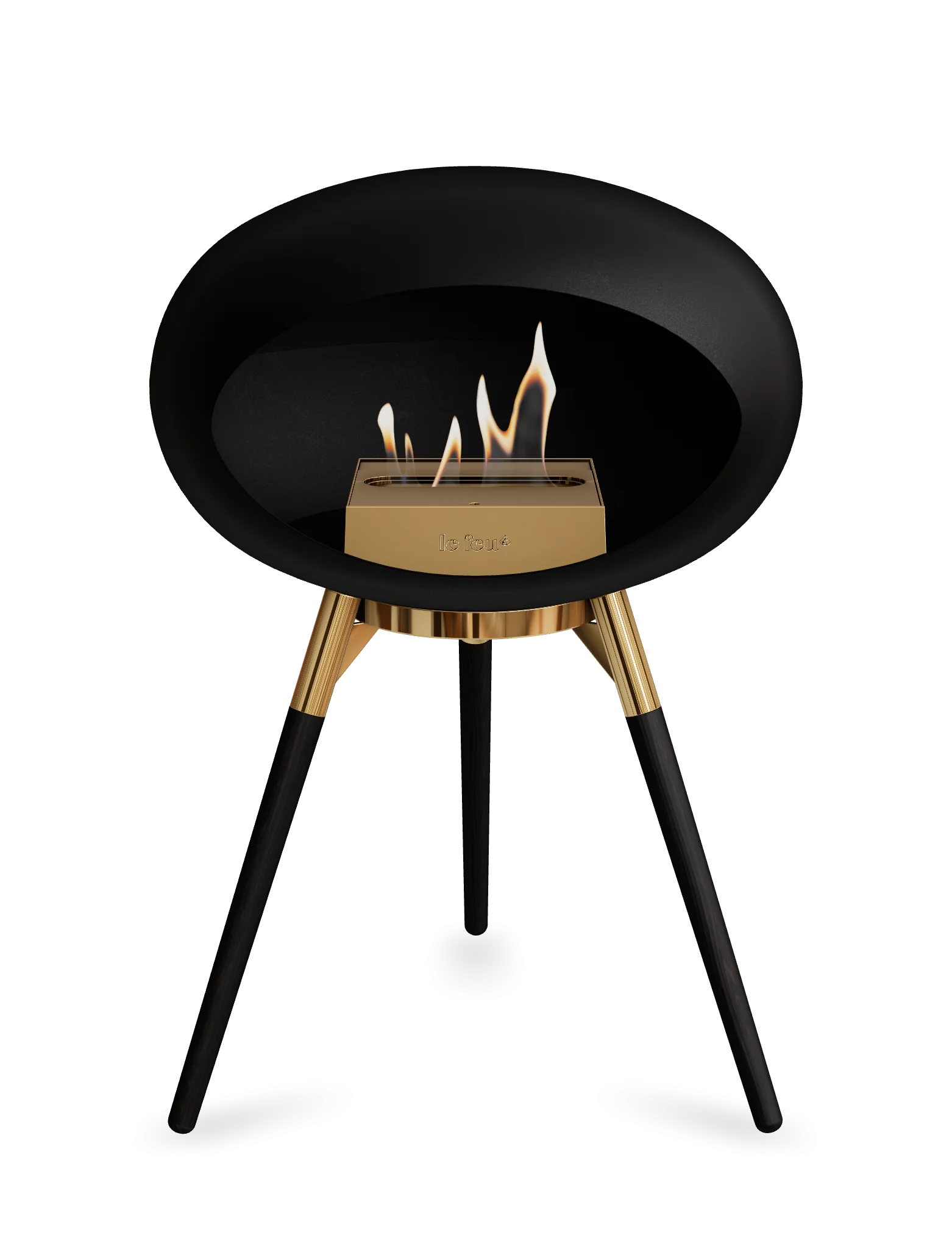 Freestanding Le Feu Dome Ground Low bioethanol fireplace in black with elegant gold accents and visible flame.