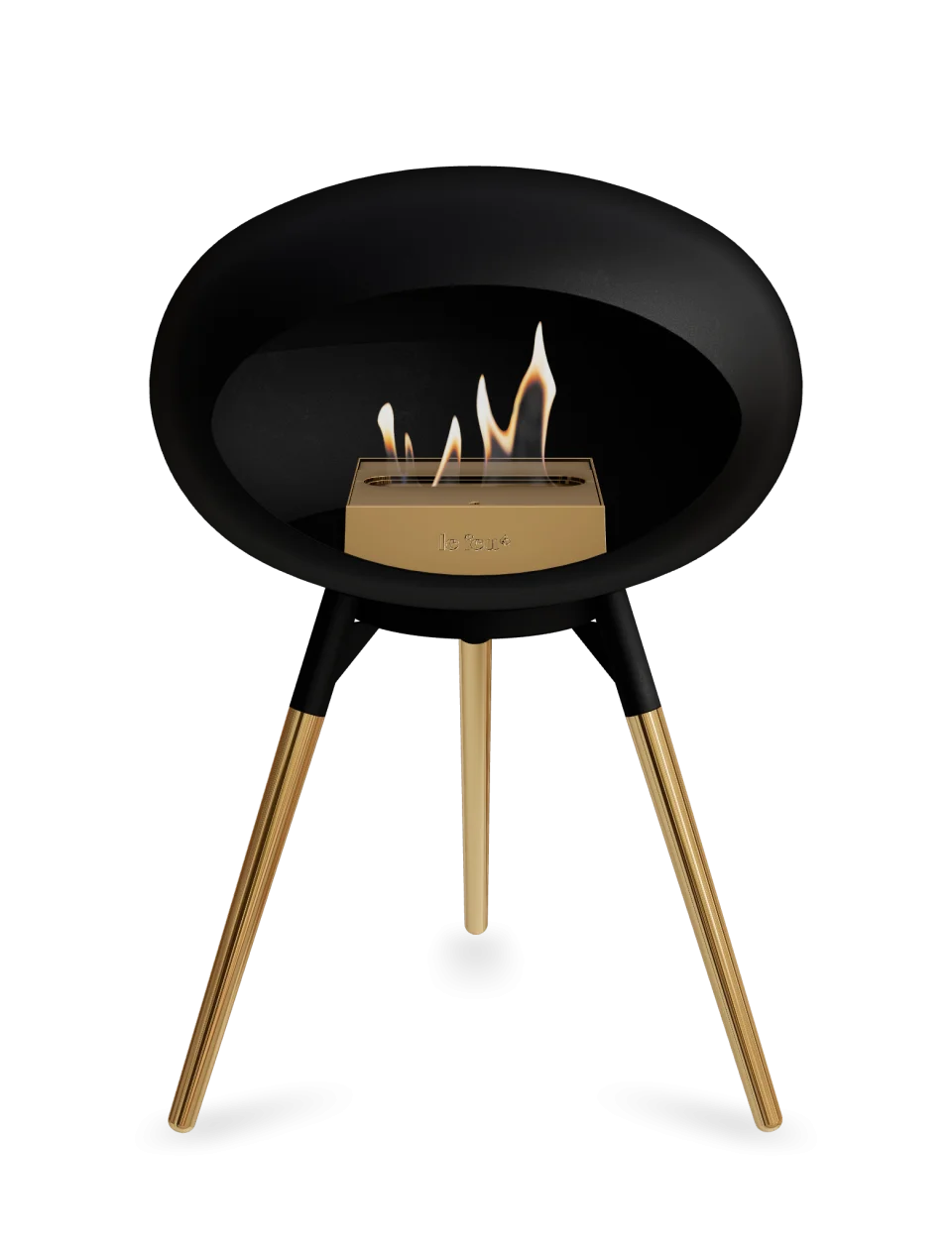 Le Feu Dome Ground Low freestanding bioethanol fireplace in black and gold, providing stylish warmth for any space.