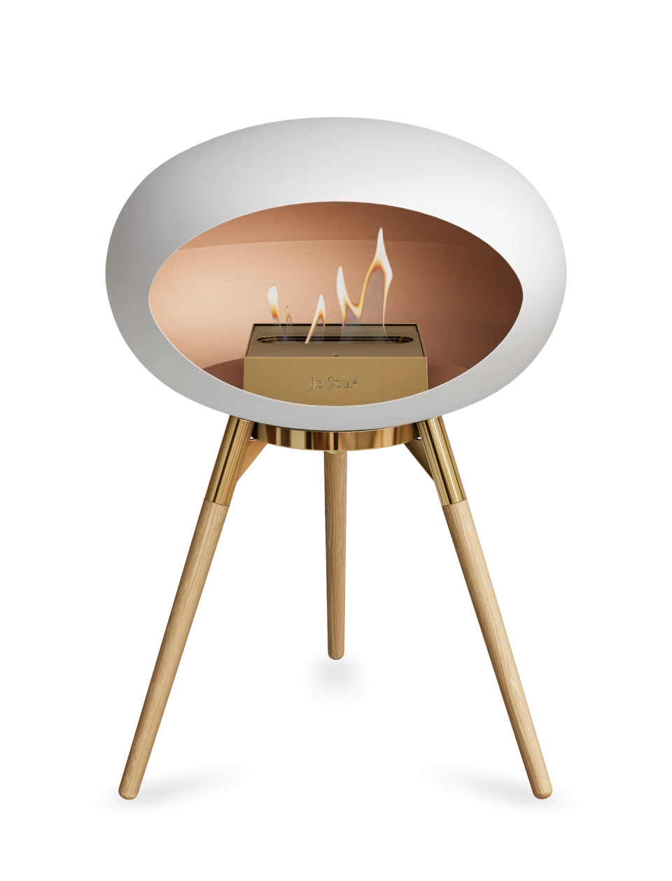 Freestanding bioethanol fireplace Le Feu Dome Ground Low in white with stylish gold legs and dancing flames.