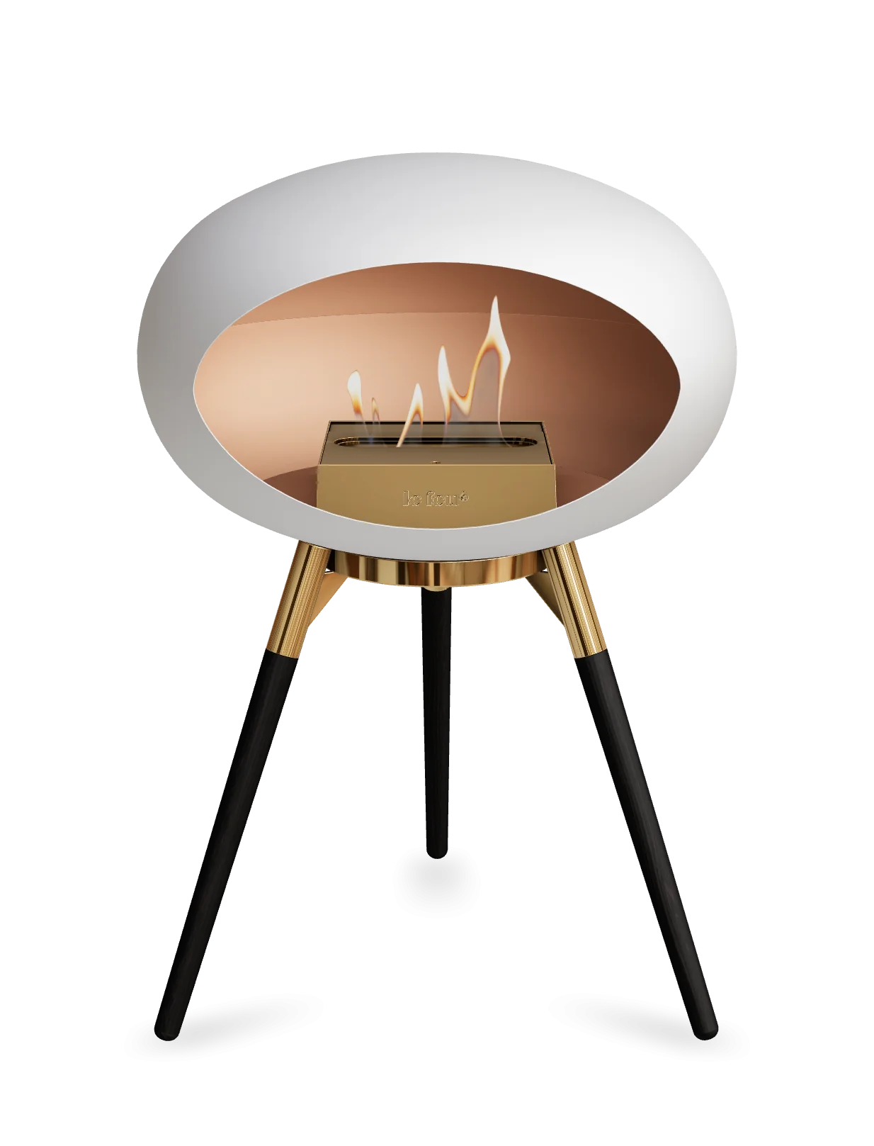 Le Feu Dome Ground Low freestanding bioethanol fireplace in white with gold accents and visible flames.